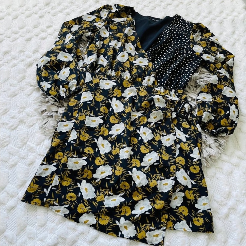 ‼️Sugar + Lips Black Floral Dot Long Sleeve Wrap Dress in Size XL